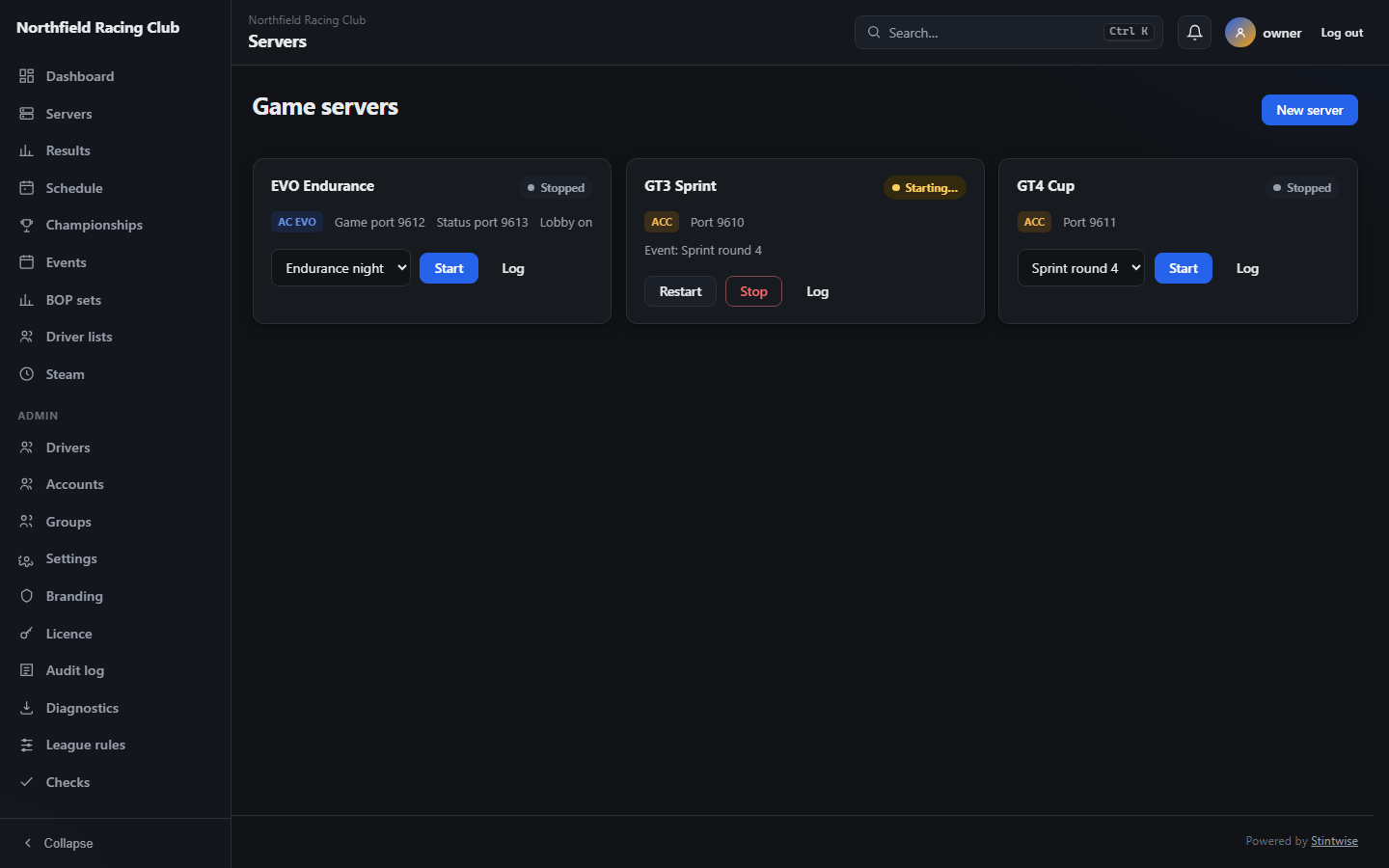 The servers page: each server's state, ports and start check.